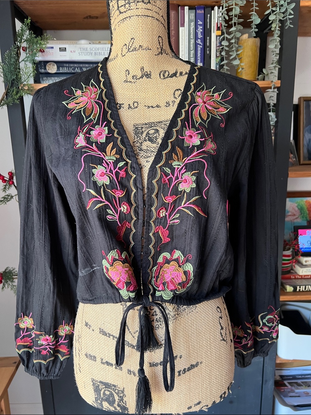 Vici Black Tunic with Pink & Green Floral Embroidery
